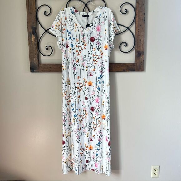 Noracora White Multicolored Floral V-Neck Cap Sleeve Casual Maxi Dress - Picture 2 of 15